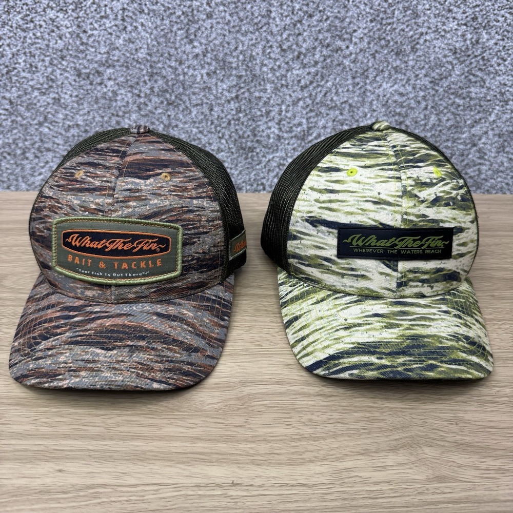 What The Fin Hats Lot Of 2 Snap Back Cap Camo Pattern Mesh Back Fishing Outdoors
